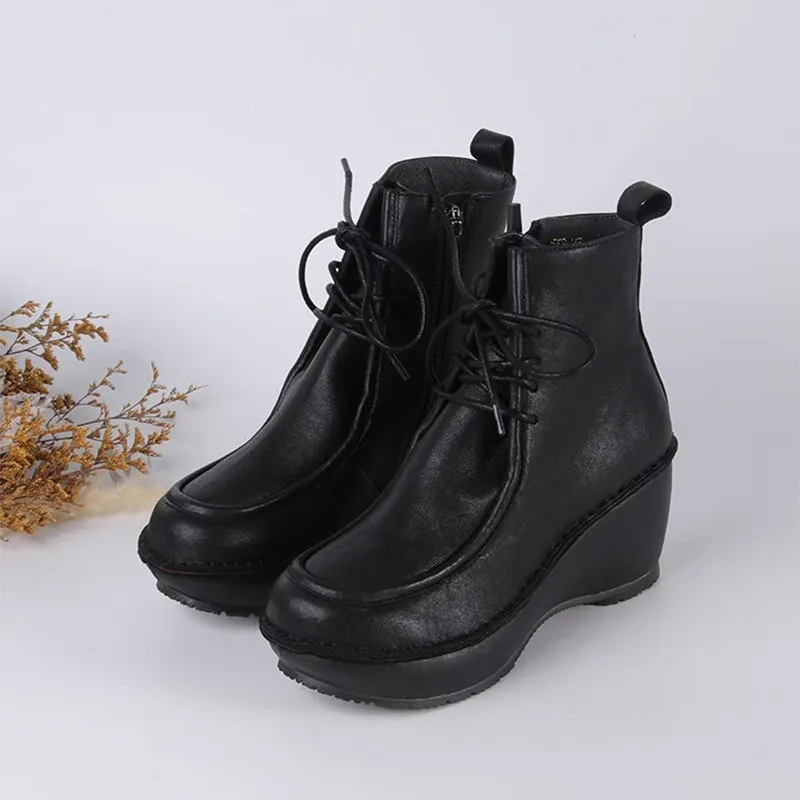 70mm Wedge Ankle Boots For Women Handmade Lace-Up Ankle Booties in Black/Brown