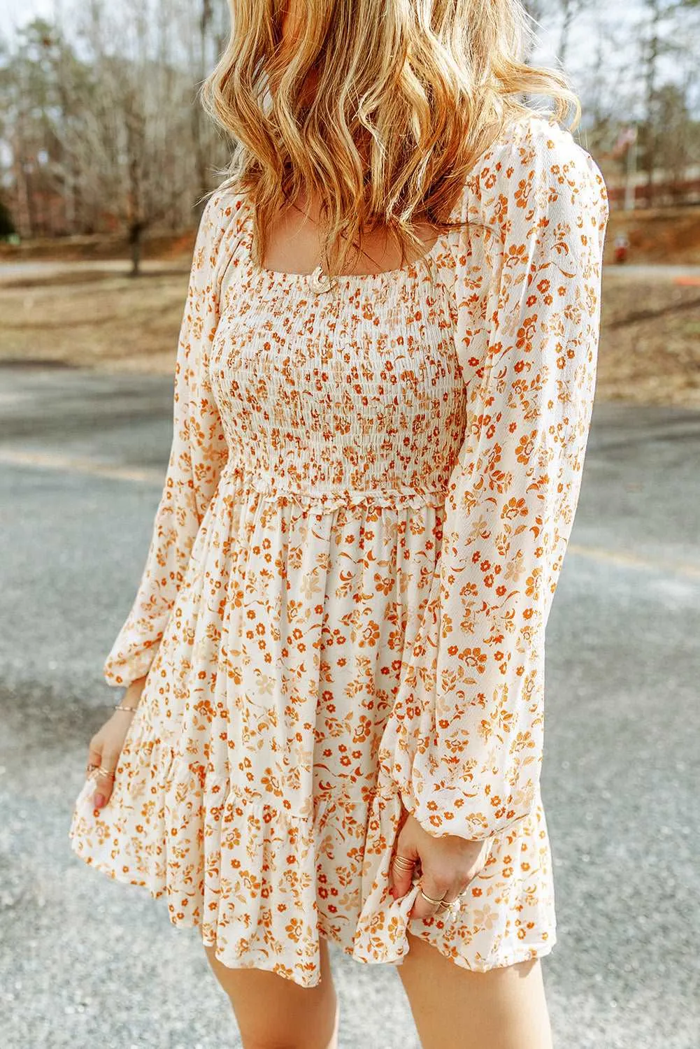 Apricot Boho Floral Smocked Puff Sleeve Short Dress