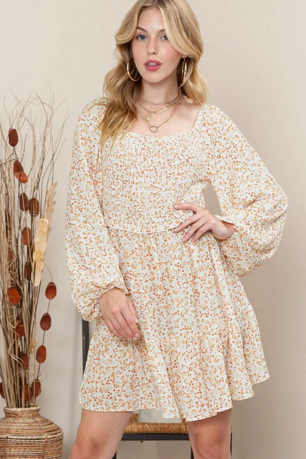 Apricot Boho Floral Smocked Puff Sleeve Short Dress