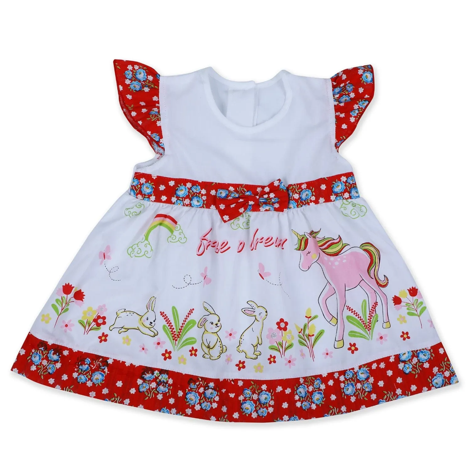 Baby Moo Floral Unicorn Flutter Sleeves Knee Length Frock - Red