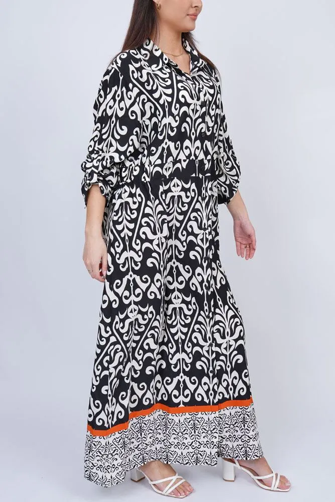 Baroque Print Button Up Collar Dress