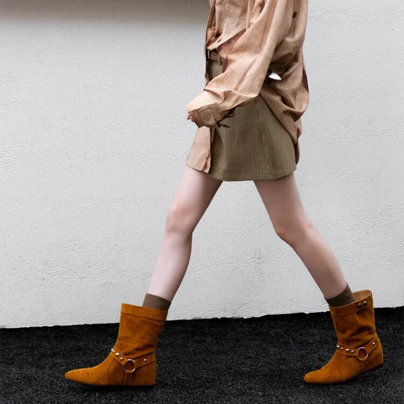 Belted Western Boots Chunky Heel Leather Short Boots in Black /Yellow/Brown