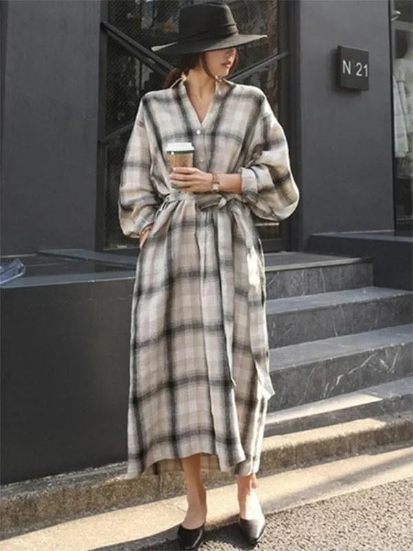 Big Plaid Lace-up Long Shirt Dress