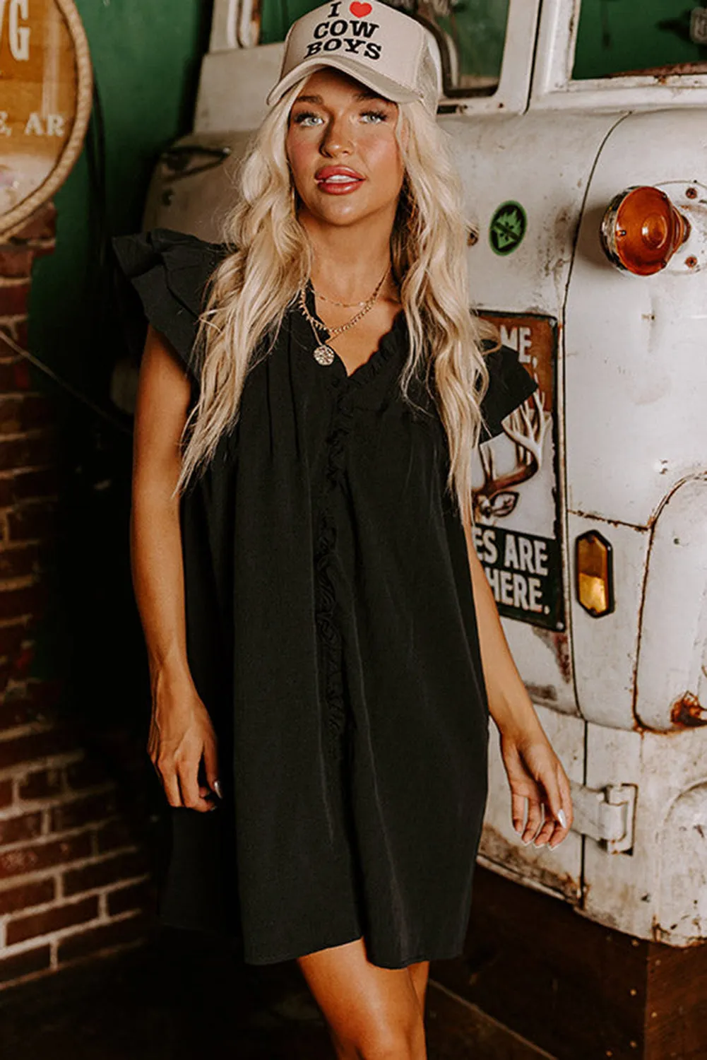 Black Ruffle Sleeve V Neck Frilled Shift Dress