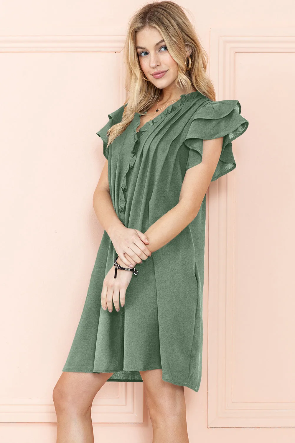 Black Ruffle Sleeve V Neck Frilled Shift Dress