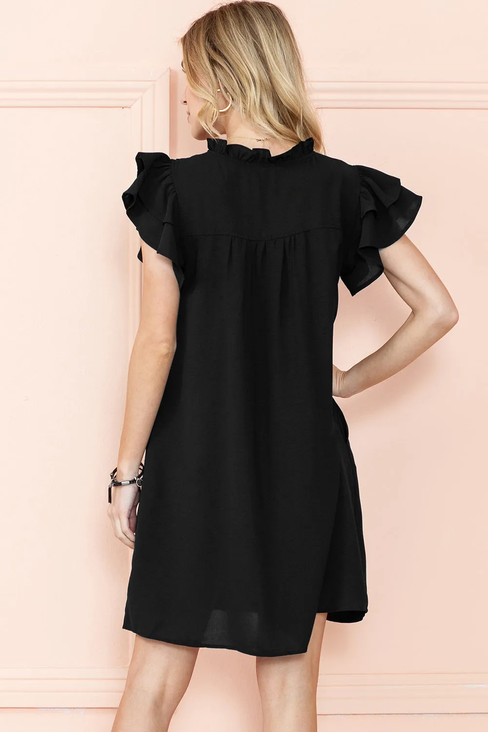 Black Ruffle Sleeve V Neck Frilled Shift Dress