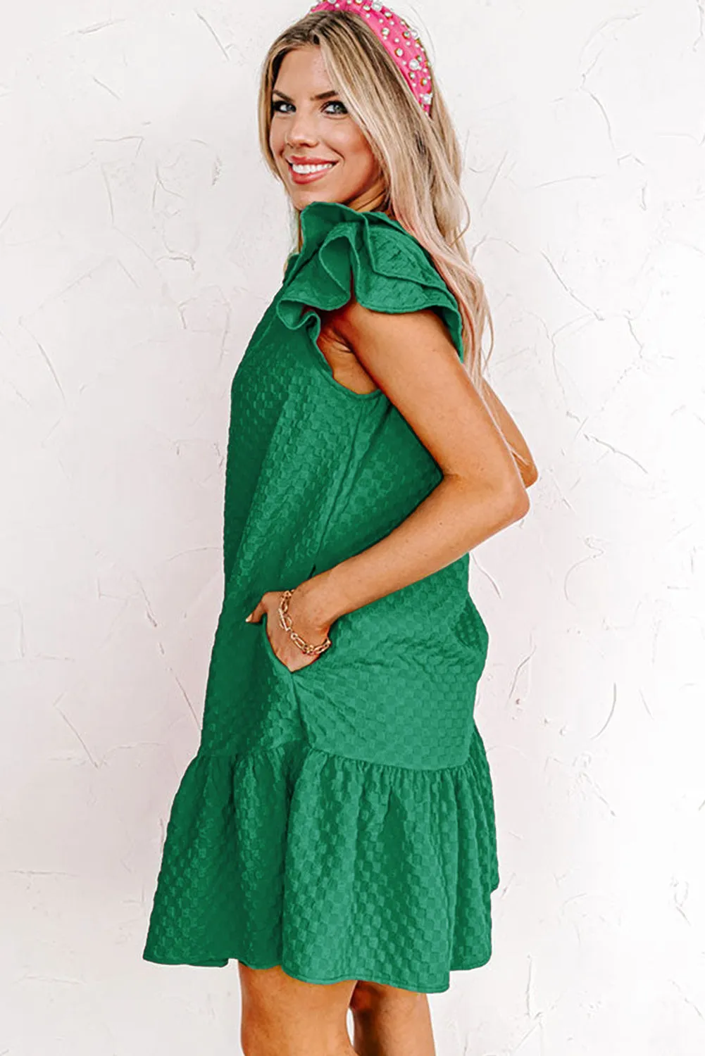 Blackish Green Flutter Shoulder Textured Checked Mini Dress