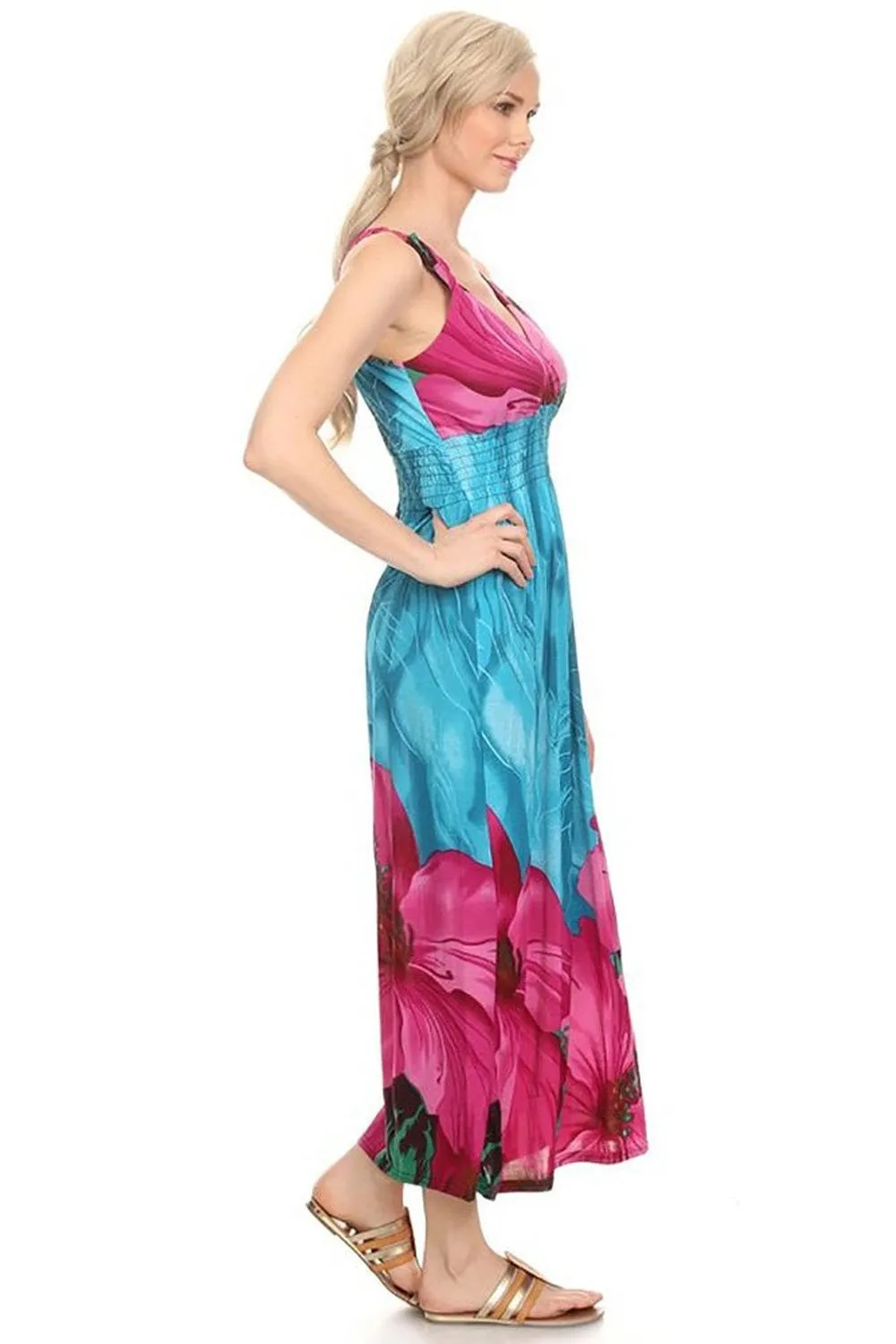 Bright Blue Fuchsia Floral Summer Vacation Maxi Dress