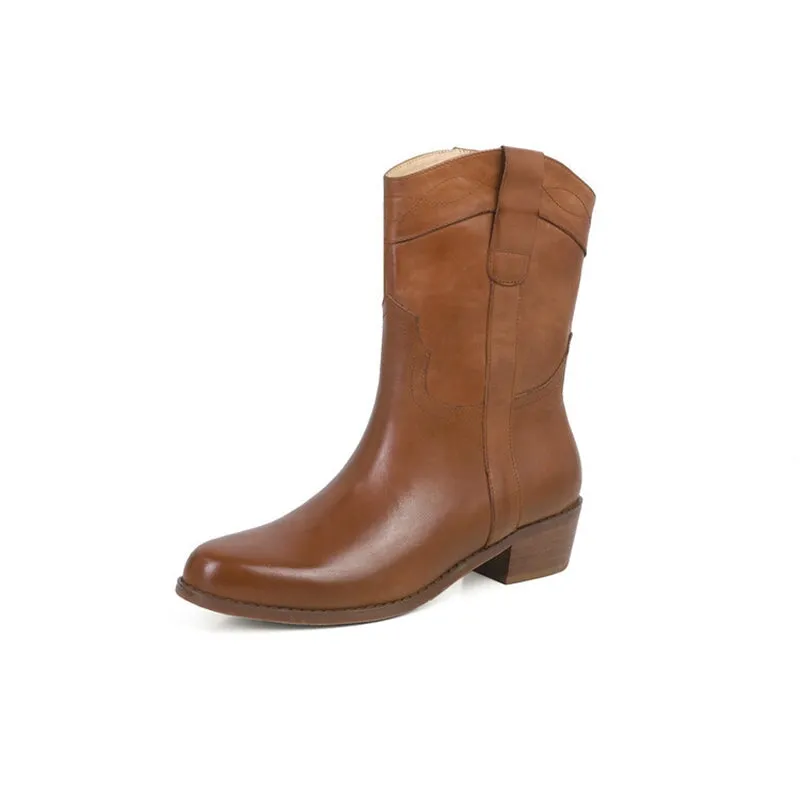 Classic Elegant Ankle Boots with 100% Leather Lining Mid Heel Western Boots in Black/Brown