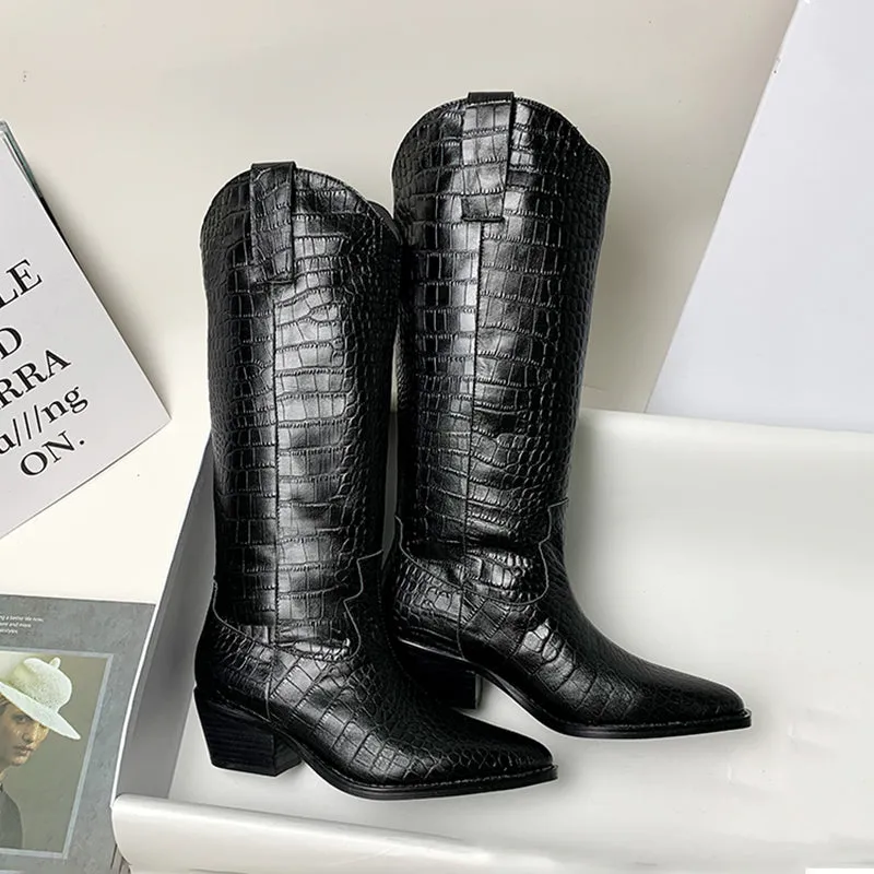 Cowboy Boots Women Handmade Genuine Leather Crocodile Pattern Boots Black/Beige