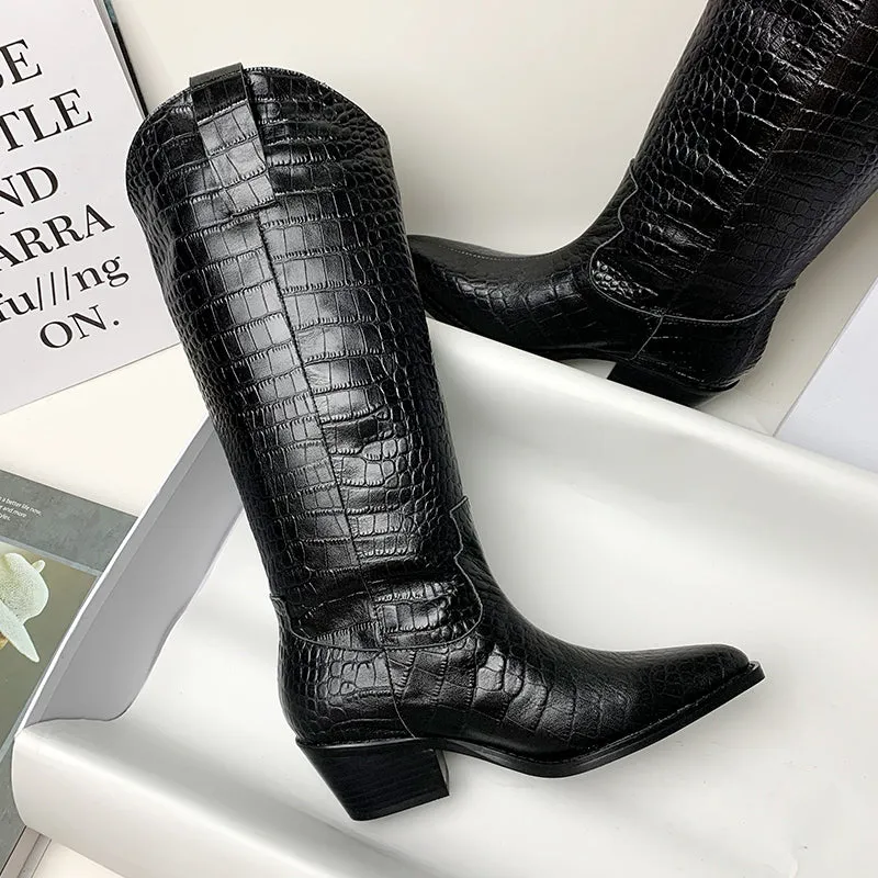 Cowboy Boots Women Handmade Genuine Leather Crocodile Pattern Boots Black/Beige