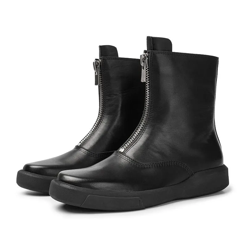 Cowhide Chelsea Boots Handmade Zip Short Boots Black/Black Short Plush