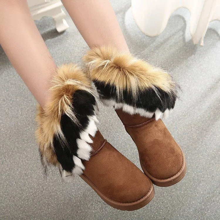 Cozy Winter Solid Color Short Faux Fox Warm Snow Ankle Boots