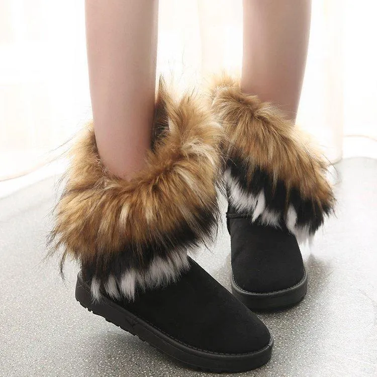 Cozy Winter Solid Color Short Faux Fox Warm Snow Ankle Boots