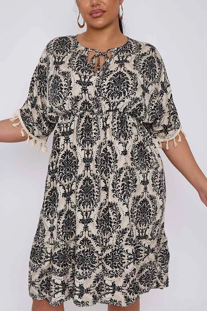 Damask Print Tassel Lace Sleeve Hem Dress