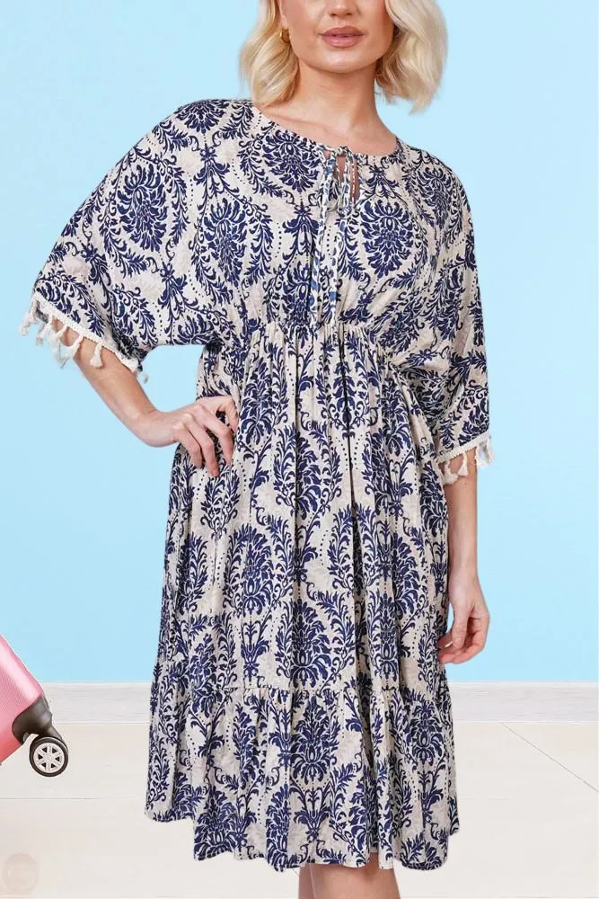 Damask Print Tassel Lace Sleeve Hem Dress