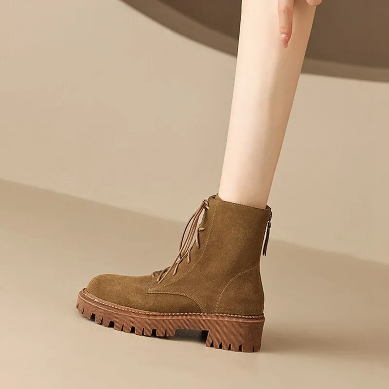 deanwangkt Autumn Boots     Autumn Women Boots Cow Suede Leather Boots Women Round Toe Chunky Heel Boots Winter Short Boots Casual Platform Shoes for Women