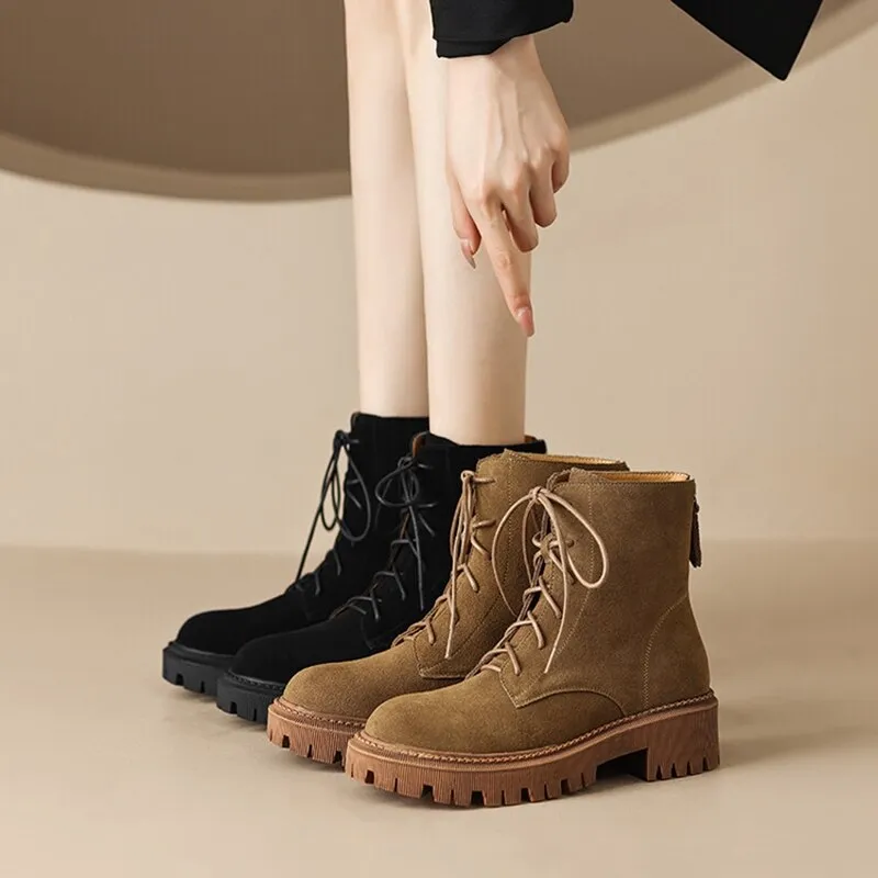 deanwangkt Autumn Boots     Autumn Women Boots Cow Suede Leather Boots Women Round Toe Chunky Heel Boots Winter Short Boots Casual Platform Shoes for Women