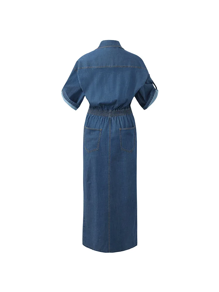 Denim V-Neck Slit Lapel Women Maxi Dress