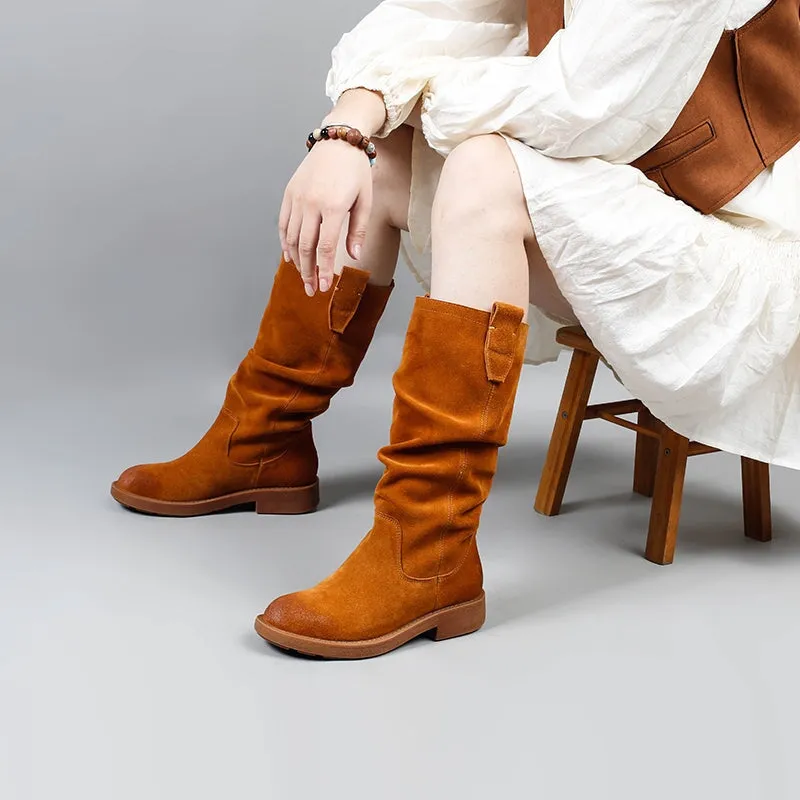 Designer Suede Leather Knee High Boots Fold Design Riding Boots in Black/Brown/Apricot/Coffee