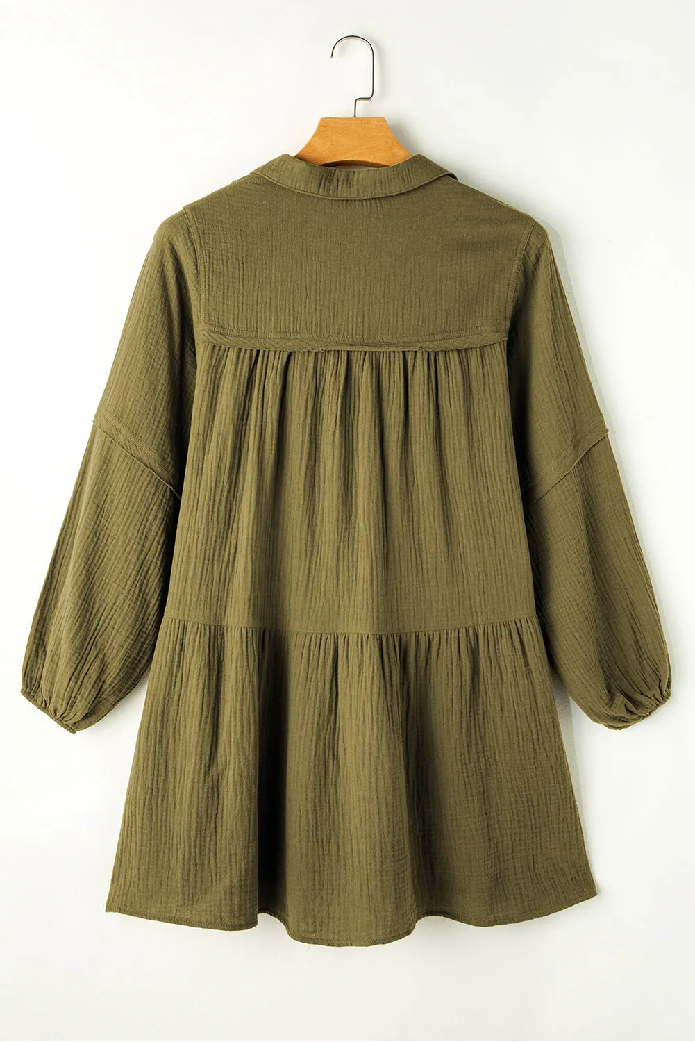 Frayed Trim Split Neck Puff Sleeve Flared Dress