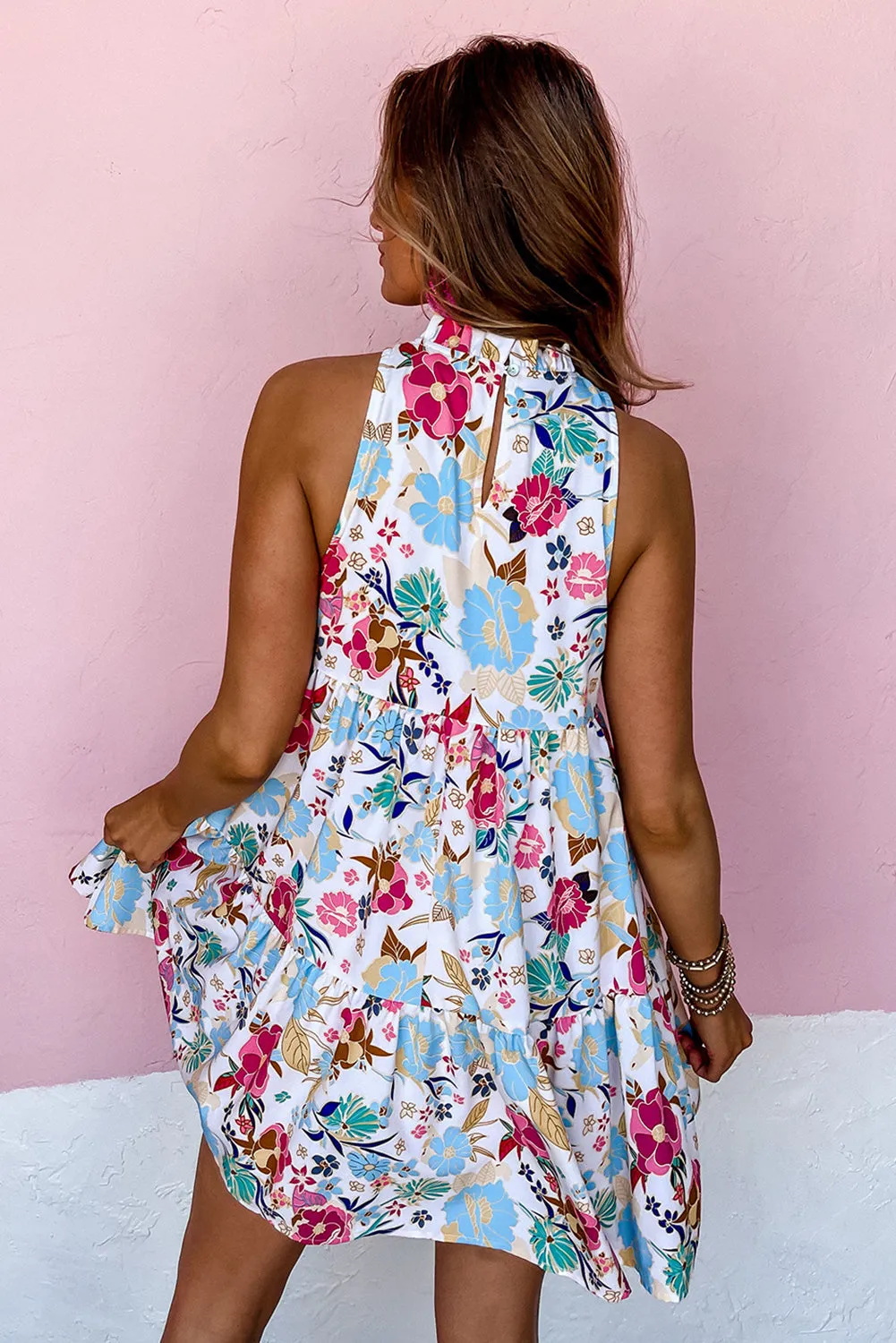 Frill Mock Neck Sleeveless Tiered Floral Dress