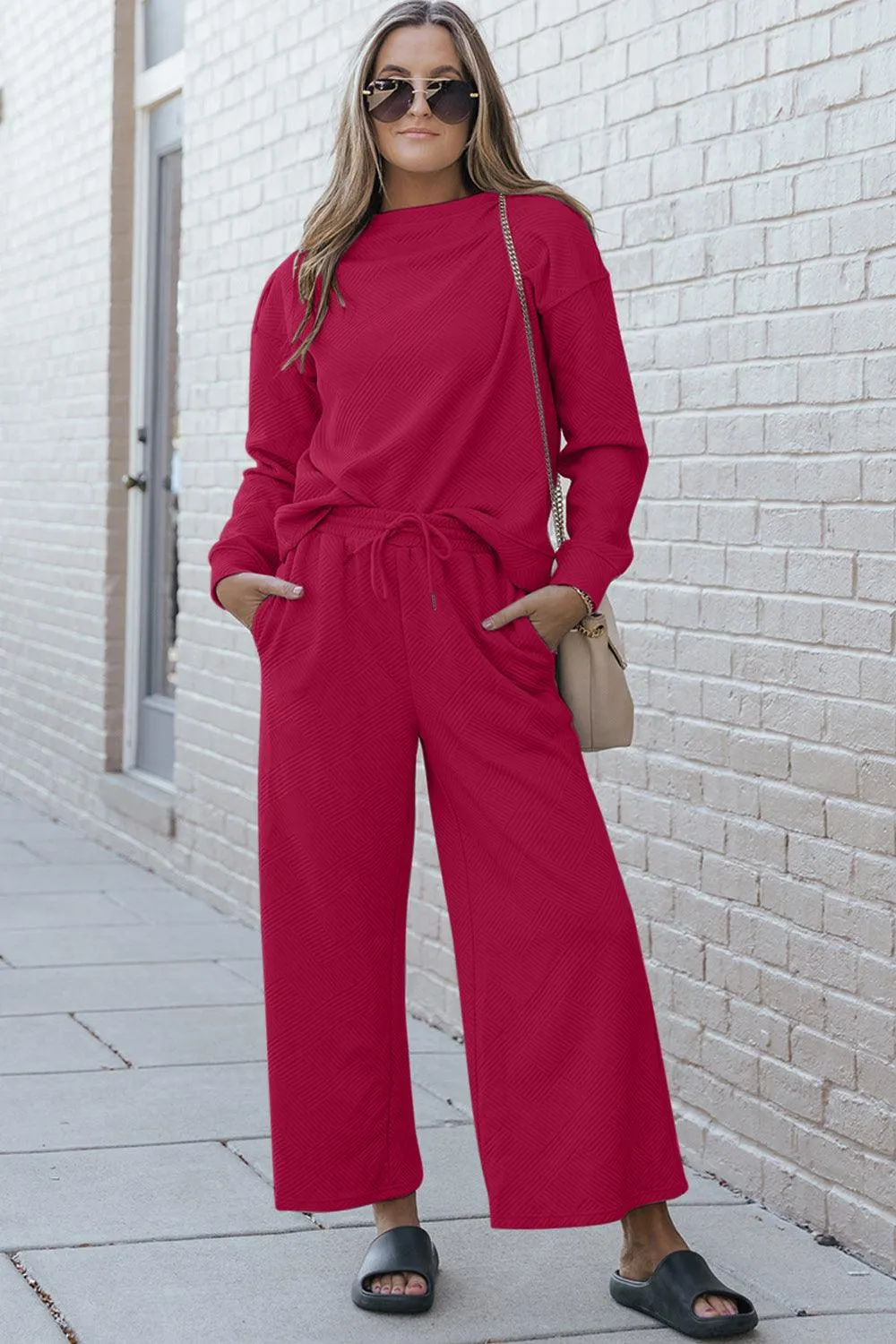 Full Size Textured Long Sleeve Top and Drawstring Pants Set