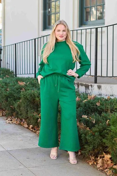 Full Size Textured Long Sleeve Top and Drawstring Pants Set