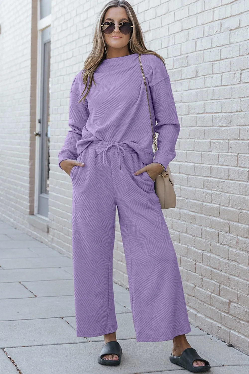 Full Size Textured Long Sleeve Top and Drawstring Pants Set