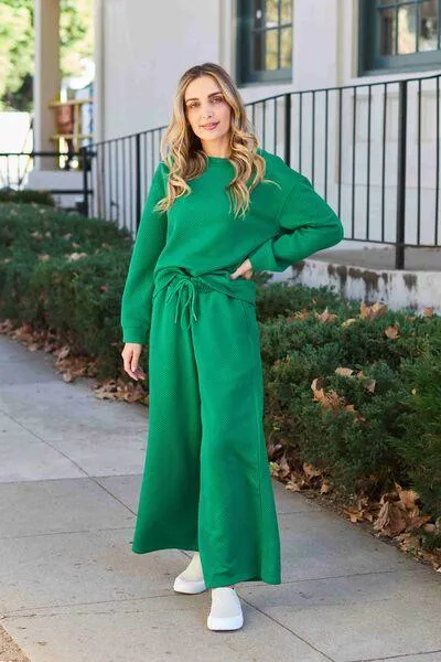 Full Size Textured Long Sleeve Top and Drawstring Pants Set