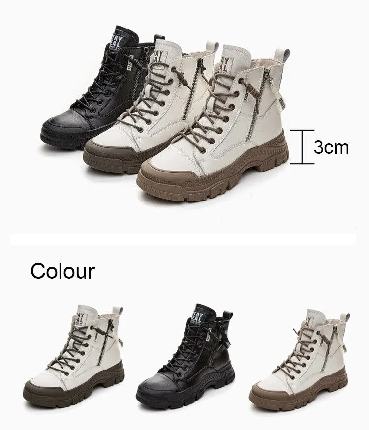 Genuine Leather Boots for Women Heels Ankle Boots Female  Chunky Shoes Woman Flats Platform Heels Women's Shoes Rubber Sole