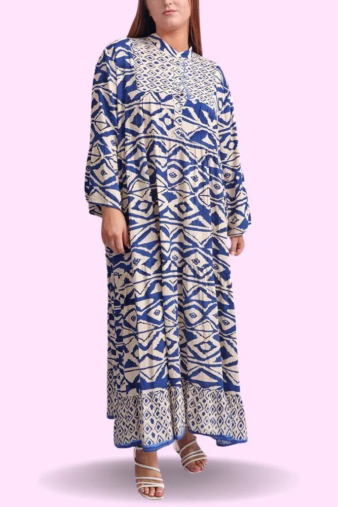 Geometric Print Button Up Long Dress