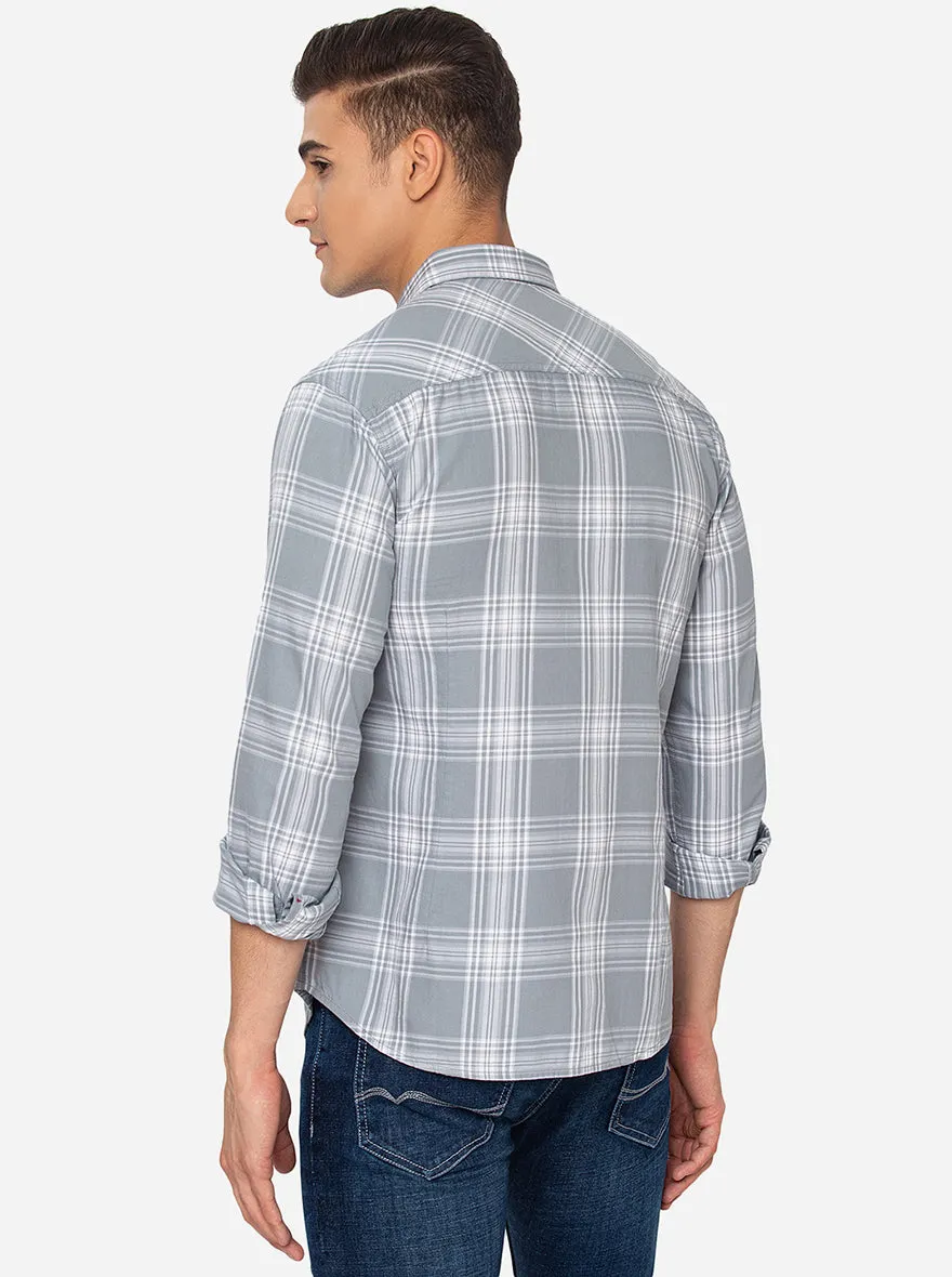 Gray & White Checked Slim Fit Semi Casual Shirt | Greenfibre