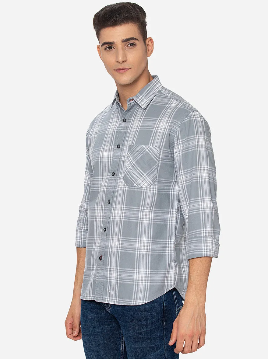 Gray & White Checked Slim Fit Semi Casual Shirt | Greenfibre