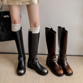 Handmade Leather Riding Boots For Women Round Toe Knee High Boots In Black/Brown