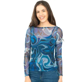 Karen Millen Blue Abstract Print Long Sleeve Mesh Tops