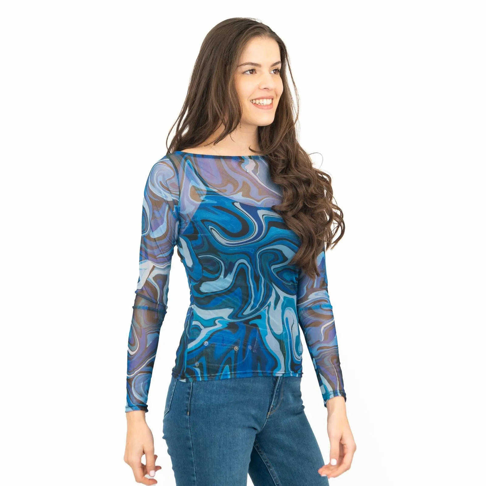 Karen Millen Blue Abstract Print Long Sleeve Mesh Tops