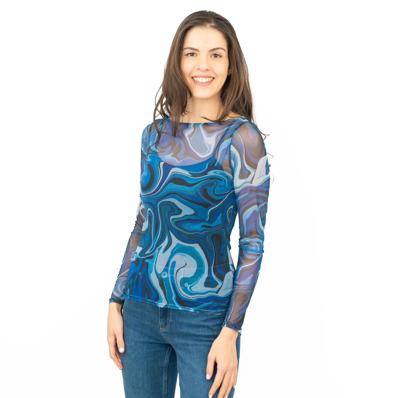 Karen Millen Blue Abstract Print Long Sleeve Mesh Tops