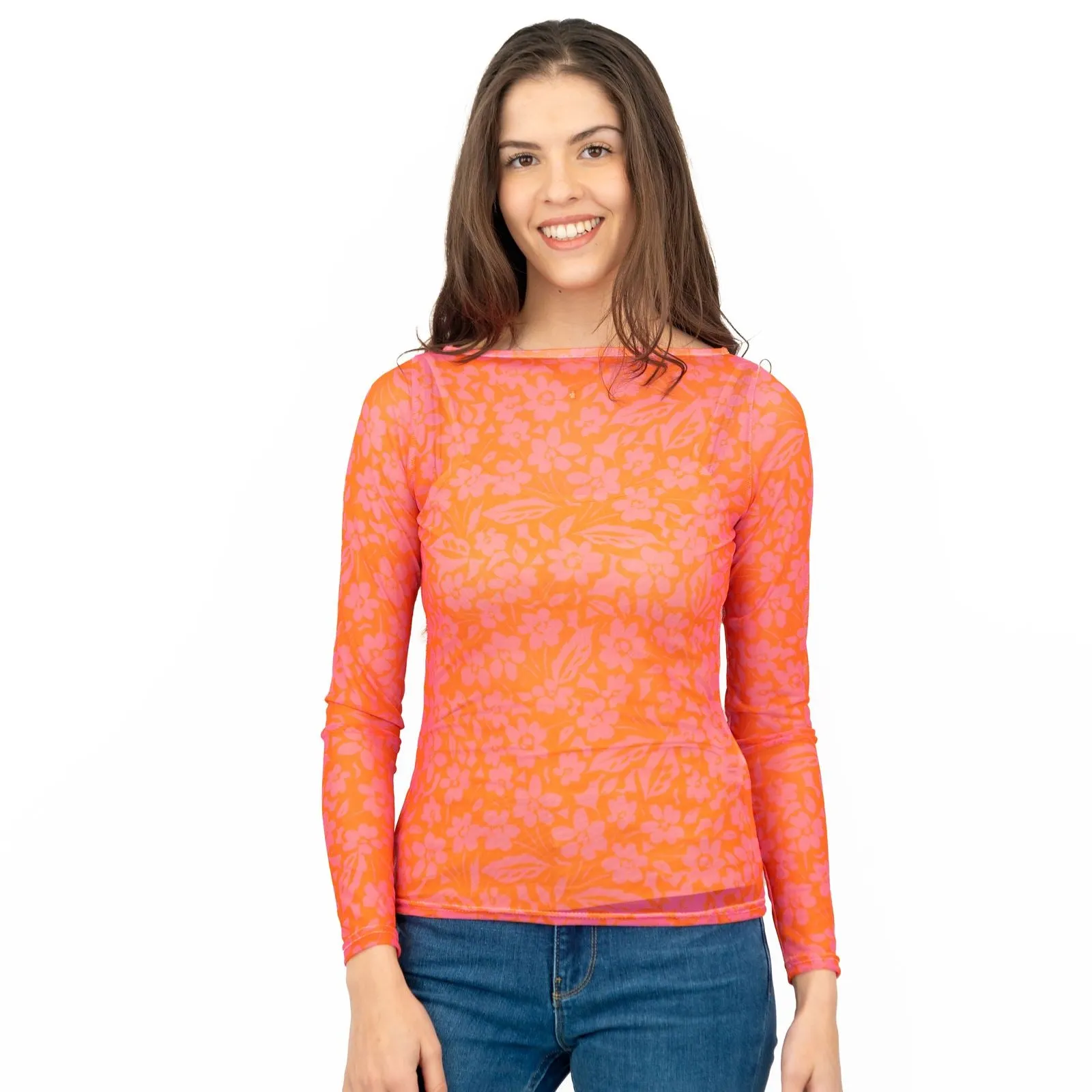 Karen Millen Floral Pink & Orange Mesh Top