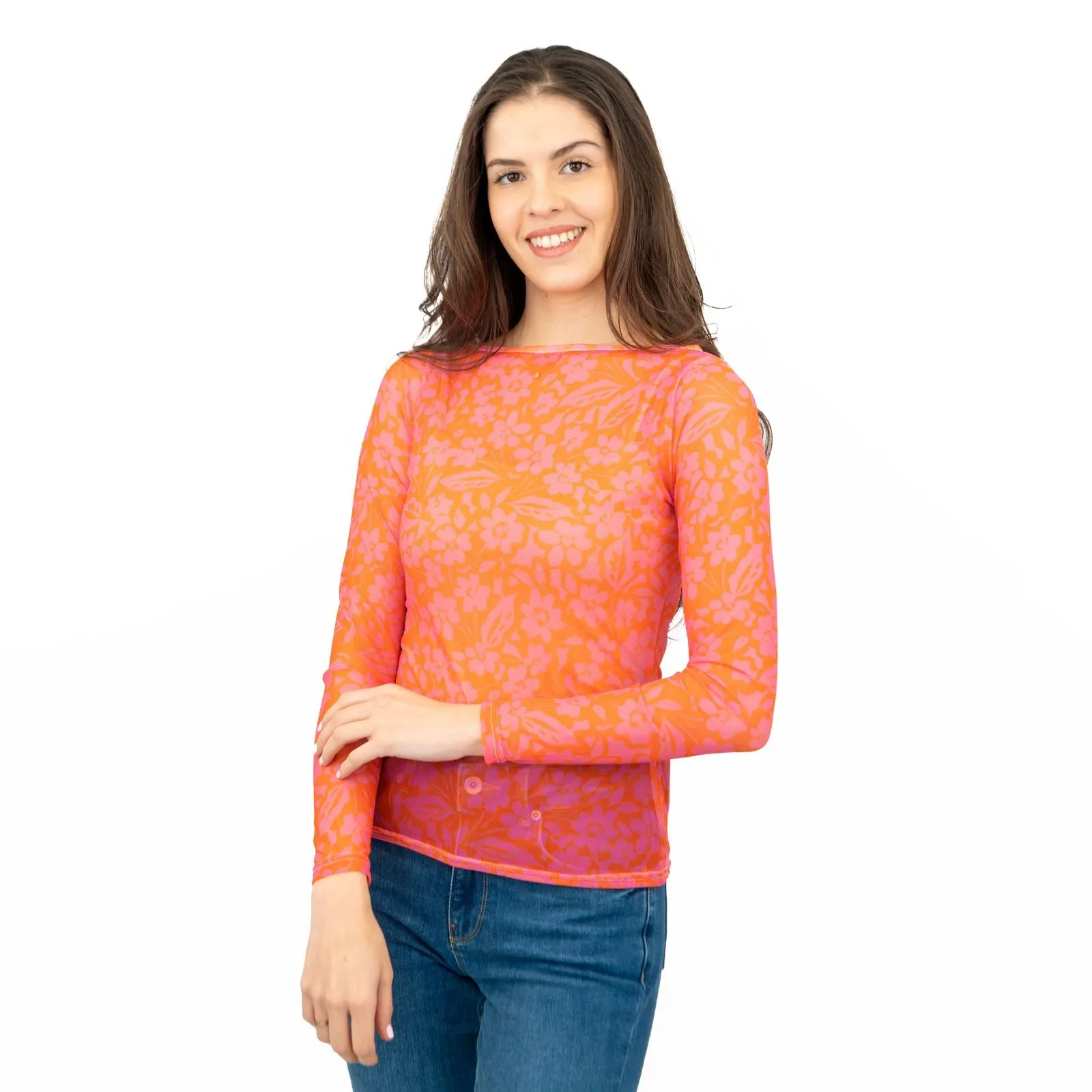 Karen Millen Floral Pink & Orange Mesh Top