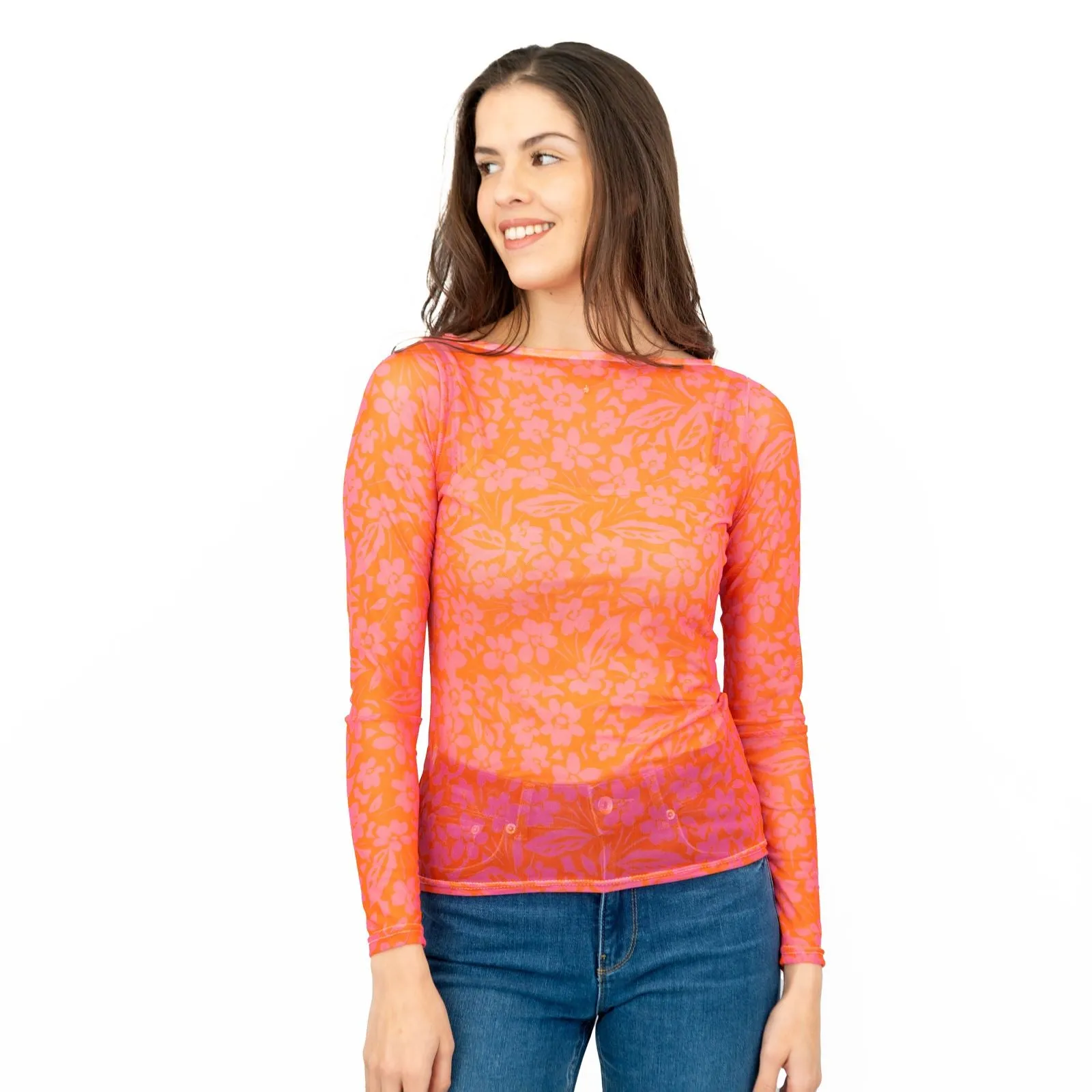 Karen Millen Floral Pink & Orange Mesh Top