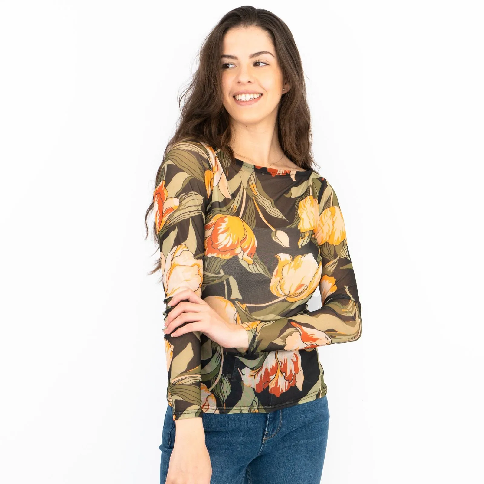 Karen Millen Floral Tulip Mesh Top Womens Long Sleeve Round Neck