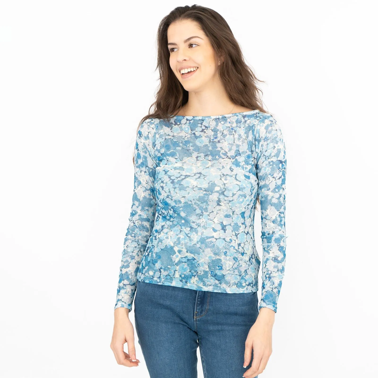 Karen Millen Long Sleeve Boat Neck Blue Abstract Tops