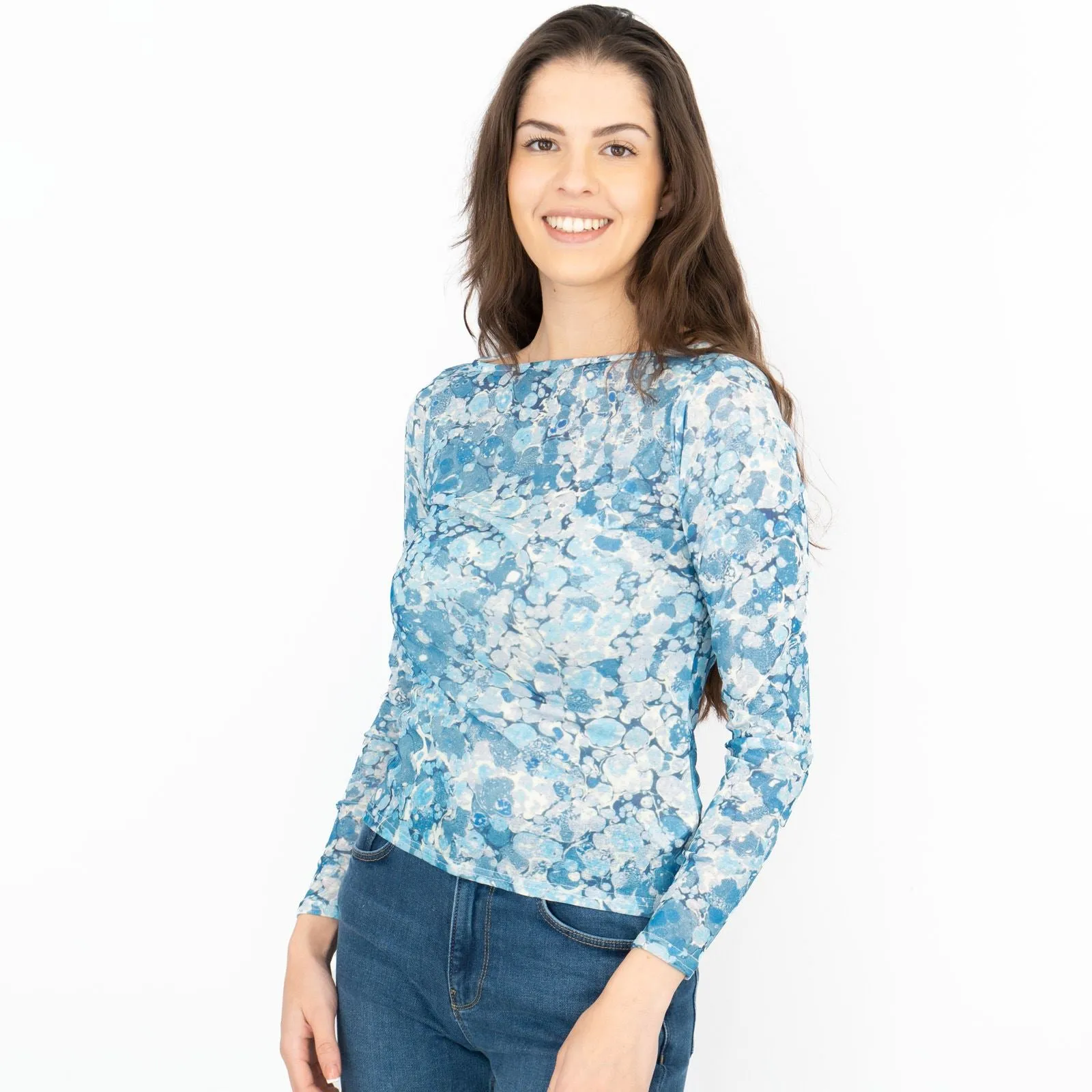 Karen Millen Long Sleeve Boat Neck Blue Abstract Tops