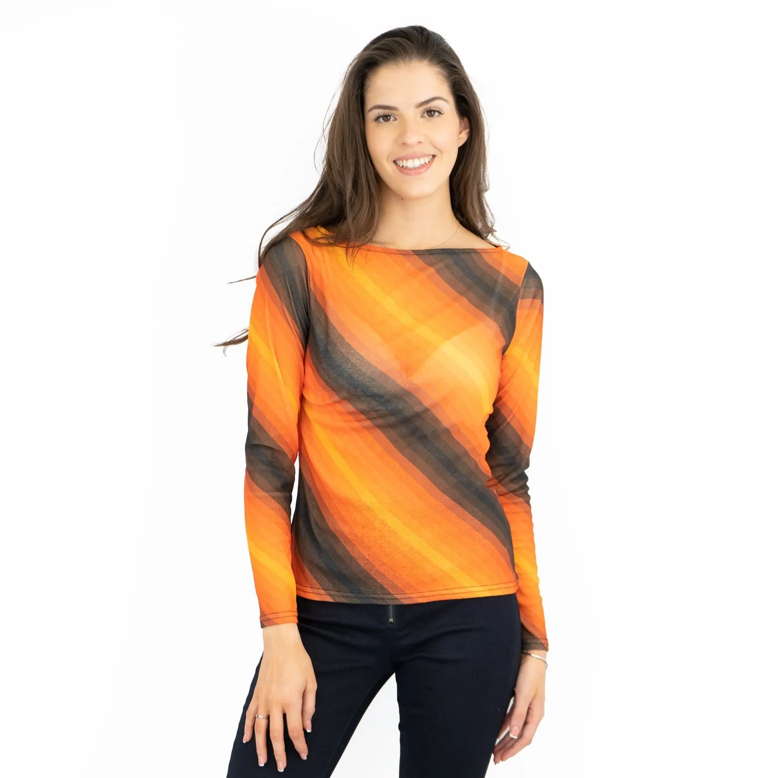 Karen Millen Orange Striped Long Sleeve Mesh Tops