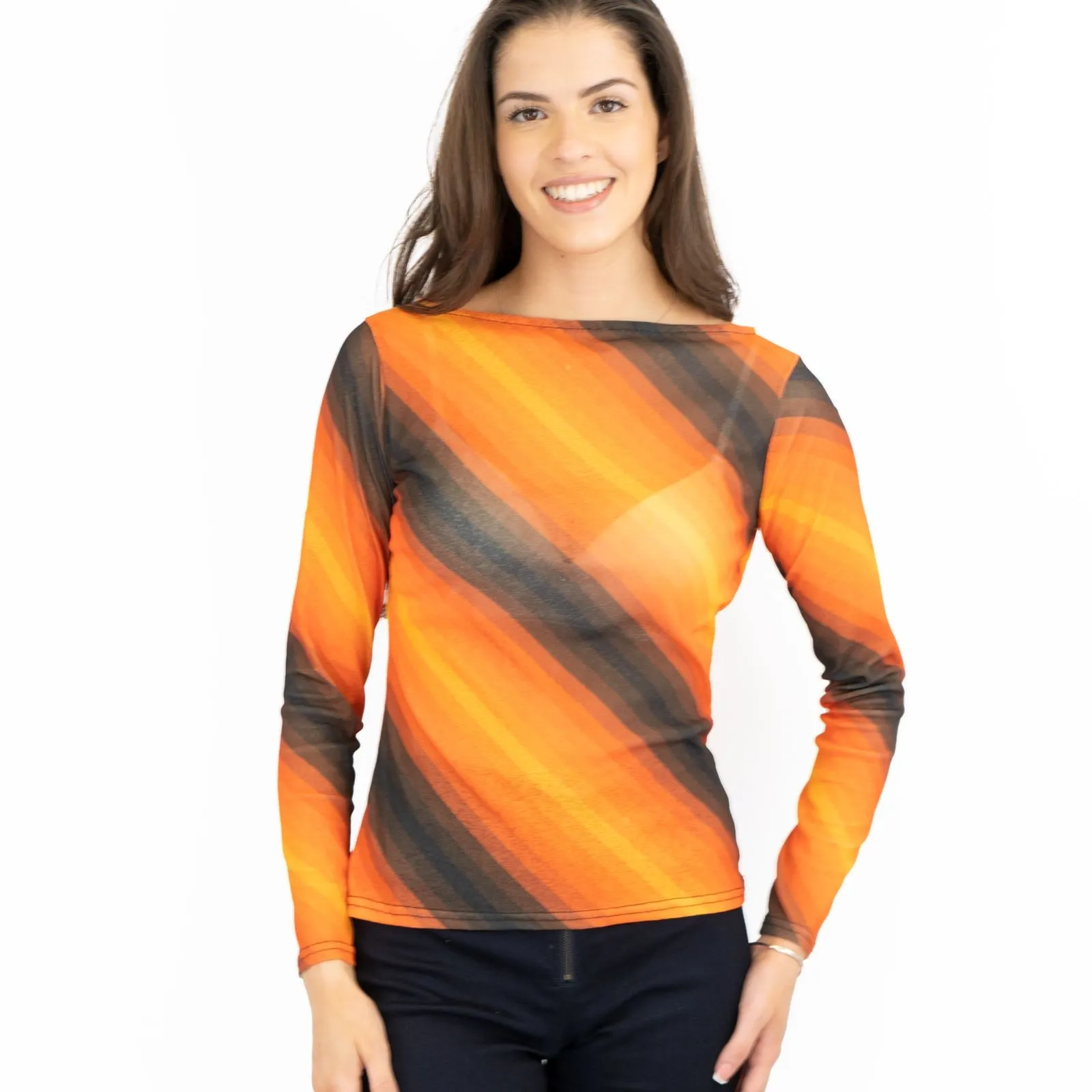 Karen Millen Orange Striped Long Sleeve Mesh Tops