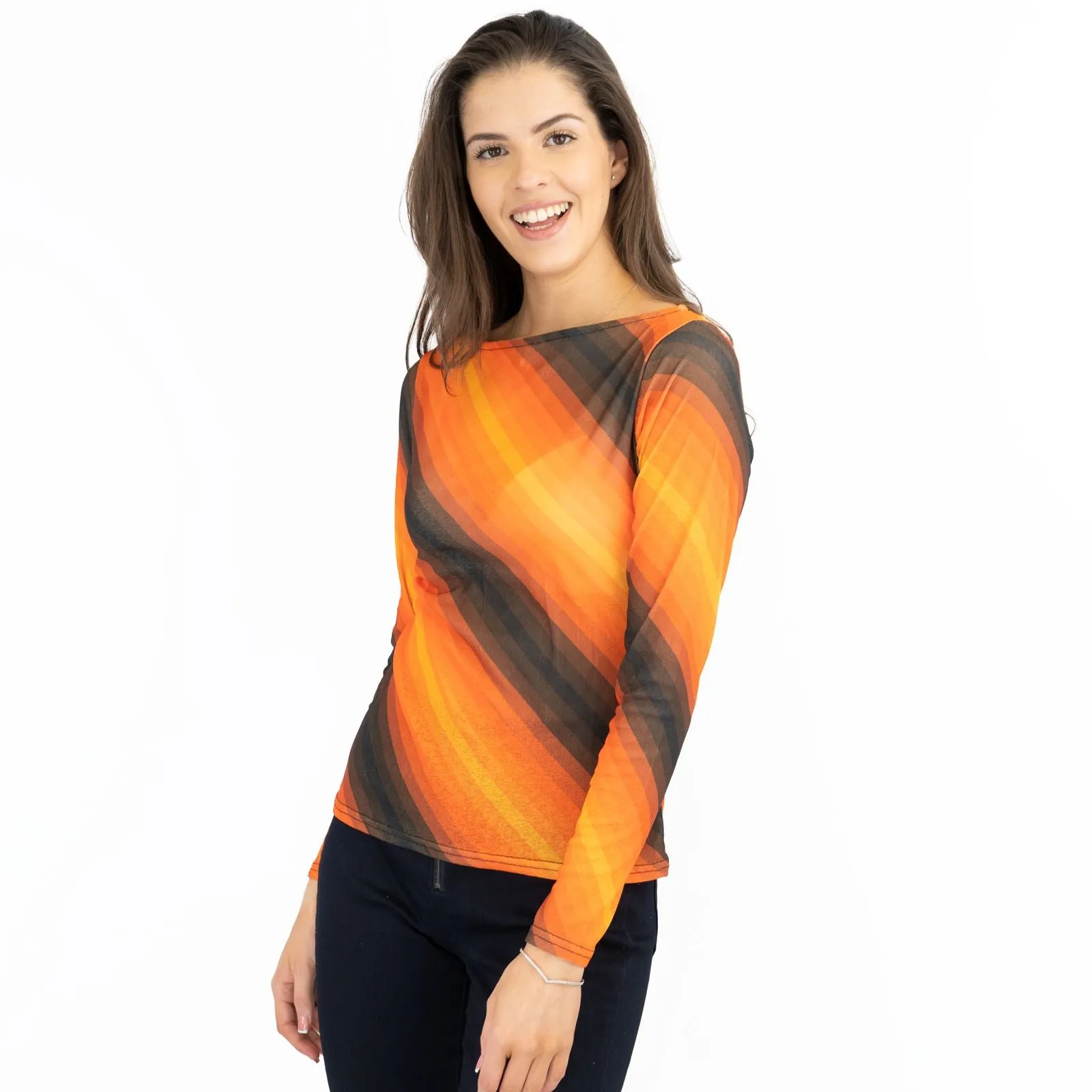 Karen Millen Orange Striped Long Sleeve Mesh Tops