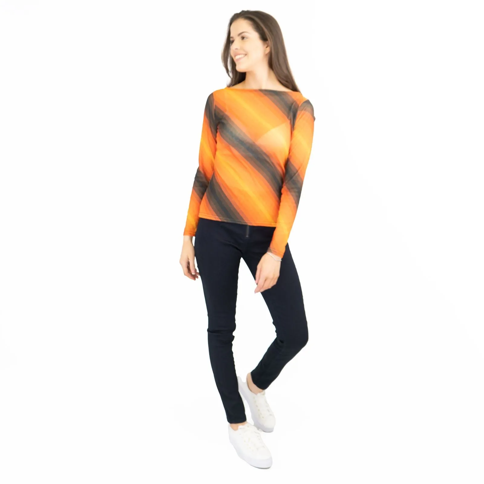 Karen Millen Orange Striped Long Sleeve Mesh Tops