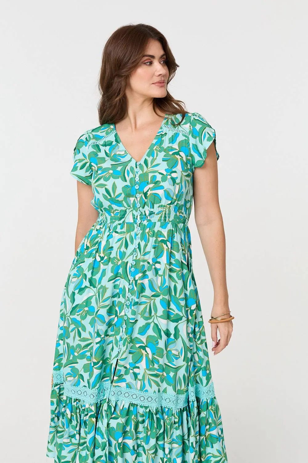 Leaf Print Cap Sleeve Lace Trim Midi Dress