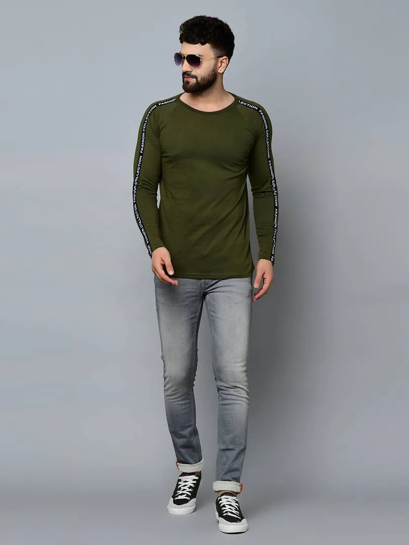 Men's Green Cotton Self Pattern Round Neck Tees